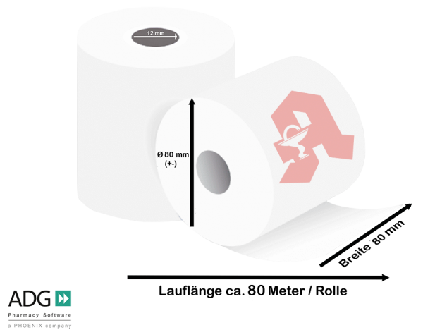 Kassenrollen 80 mm x 80 m x 12 mm mit rotem Apotheken-A, 5er Pack - PZN 5321690*